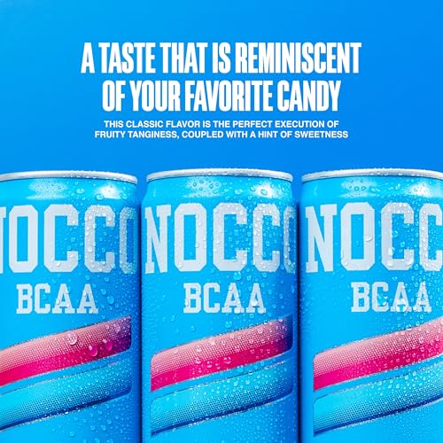 Image of NOCCO Zero Sugar Energy Drink, Blue Raspberry - 12 Fl Oz (Pack of 12) - 180mg Caffeine, Sugar Free, BCAAs - Branched Chain Amino Acids, Carbonated & Low Cal, B Vitamins, Grab & Go Performance Beverage