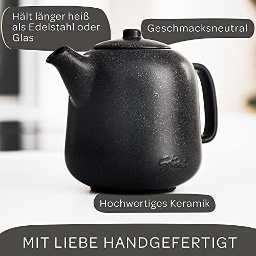STEINZEIT Design Teekanne (1,3L) mit Siebeinsatz aus rostfreiem 304 Edelstahl - Teekanne Keramik mit einzigartiger Glasur mit Sieb herausnehmbar - schwarz