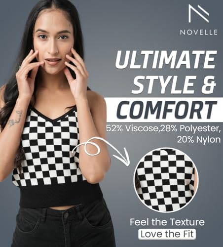 Womens Sleeveless Tank Top in Black/White Combo Large Size | Spring Tops for Women in Checkerboard Pattern | Double Front & Back V-Neck Tank Tops for Casual wear & More2
