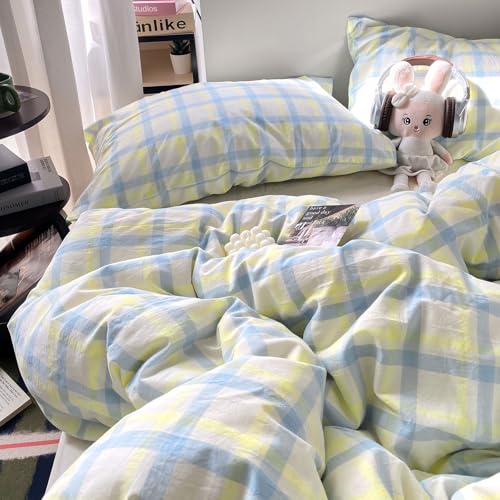 Image of EAVD Buffalo Plaid Duvet Cover Queen Soft Washed Cotton Bedding Set Yellow Blue Grid Checkered Bedding Set with 2 Pillowcases Vintage Style Gingham Duvet Cover with Zipper Closure