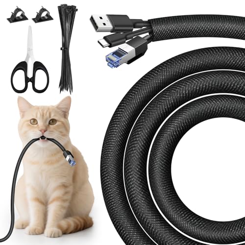 CoKeeSun 10mm-3m Protector de Cubre Cables, 14 Piezas Auto-Cierre Recoge Expandible Esconder Cables, Autoenvolvente Cable Tidy Trenzado, Proteja al Perro Gato de los Cables de Masticación, Negro