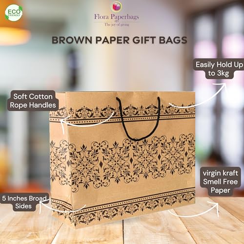 Image of Flora Paperbasg - Large B12x15x4.5 Inches Pack of 15pcs Large Brown Kraft Paper Bags Bulk with Black color Rope Handle Ideal for Shopping, Packaging Retail Part, Craft Gift Wedding Recycled Business
