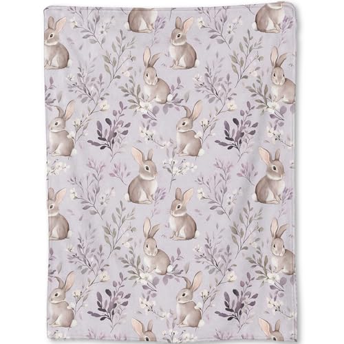 ainori Cute Bunny Blanket - Adorable Rabbit Pastel Lavender Floral Fleece Throw,Gifts for Kids Girls, Soft & Warm,Lightweight, for Modern Rustic Decor, Animal Lovers, and Room Home Accents 40x50in
