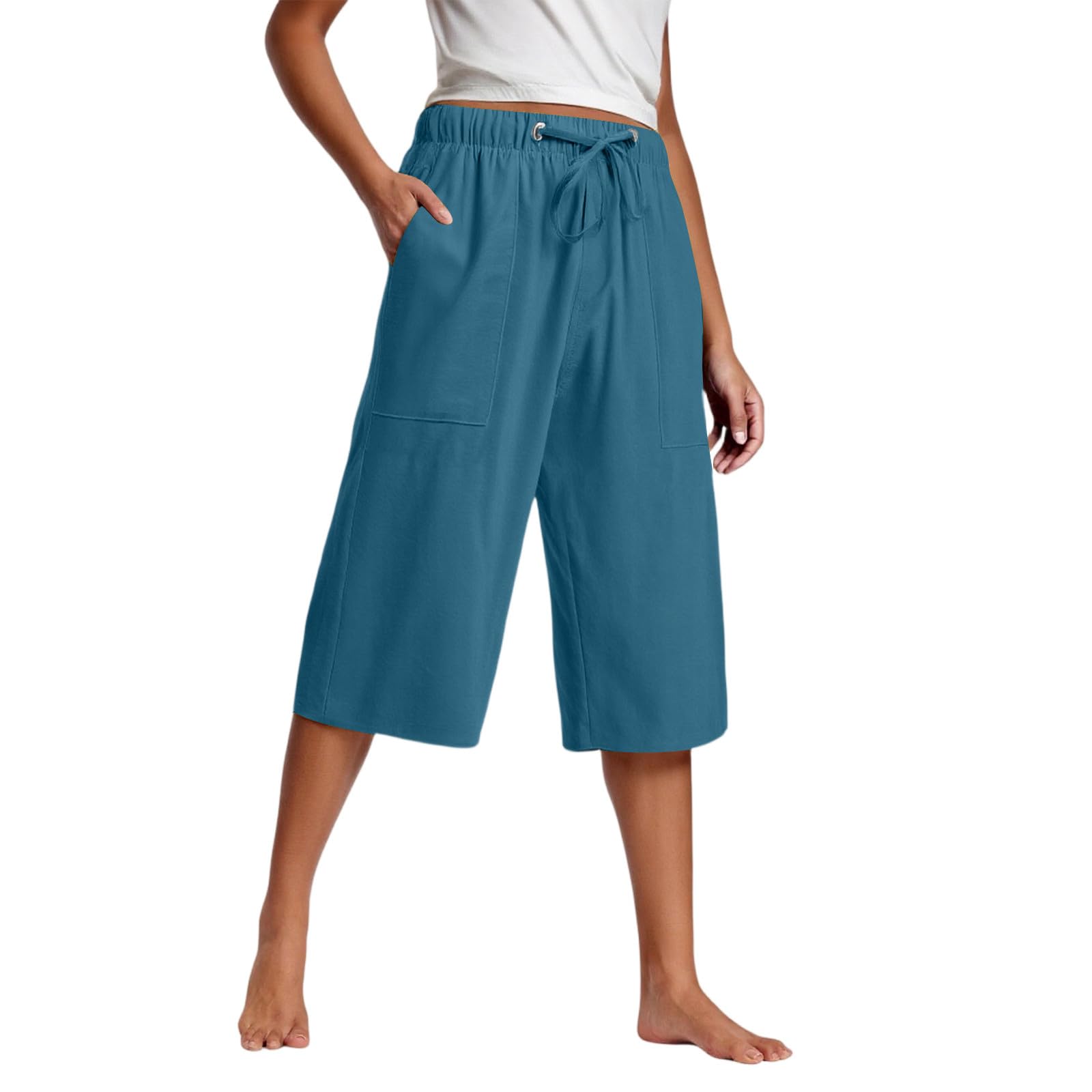 2025 Summer Capri Pants for Women High Waisted Wide Leg Lounge Pant Drawstring Causal Palazzo Trousers with Pockets