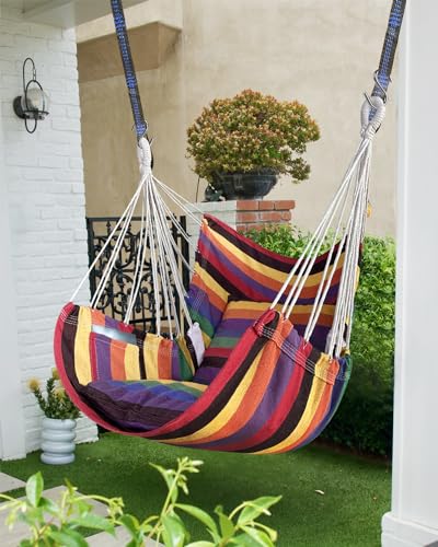 Image of Halalona Hammock Chair Hanging Hammock Chair Rope Swing 2 Cushions Included-Sturdy & Durable Soft Cotton Hand Woven Hammock Swing for Bedroom, Porch, Patio-Indoor /Outdoor