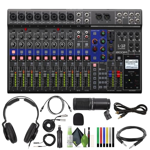 Zoom LiveTrak L-12-12-Channel Digital Mixer & Multitrack Recorder + Zoom ZDM-1 Podcast Mic Pack + Audio Cable 3.5mm 1/8 inch Mono Male to RCA Mono Male Connector + More