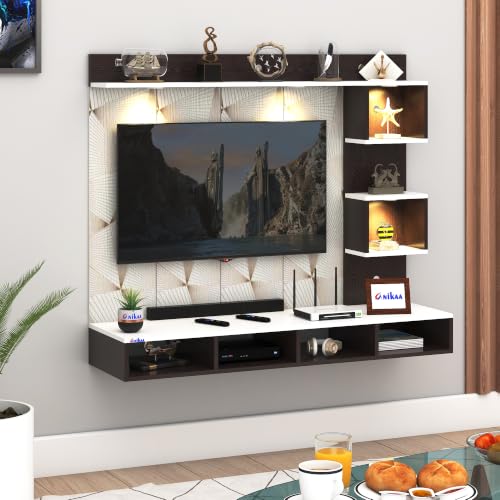 Image of Anikaa Kirina Engineered Wood Wall-Mount TV Unit with PVC Back Panel & LED Lights | TV Cabinet with Storage Box & Decorative Shelves (Wenge /White) | Ideal for TVs up to 55 Inch | DIY Installation