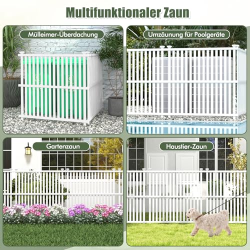 COSTWAY Gartenzaun 2-teilig, 114 cm hoch, Zaun mit Pfosten & Schutzkappen, PVC Sichtschutzzaun, Steckzaun Zaunelementen, Freistehender dekorativer Zaun, Sichtschutz für Garten & Terrasse, Weiß