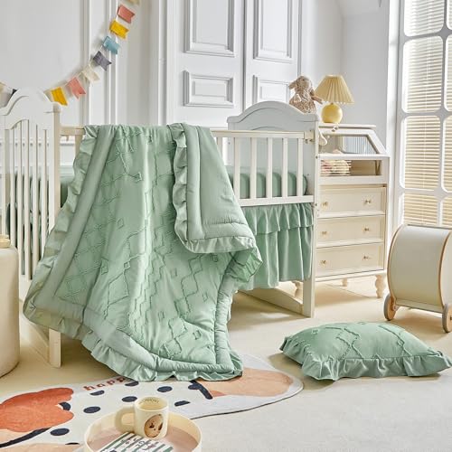 Image of AIKASY The Ruffled Shabby Crib Bedding Set for Girls, Baby Quilted Comforter with Fitted Sheet, Bed Skirt, and Pillowcase.
