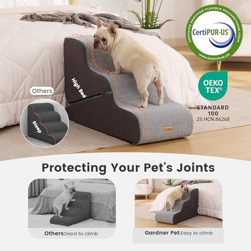 Image of Gardner Pet Dog Stairs for Small Dogs 22.4 inch H, Large 2 in 1 Transformable 3-Step Pet Stairs and ramp, Dog Steps for High Bed (22-27 inch) with Non-Slip Waterproof Cover CertiPUR-US Certified Foam, Grey