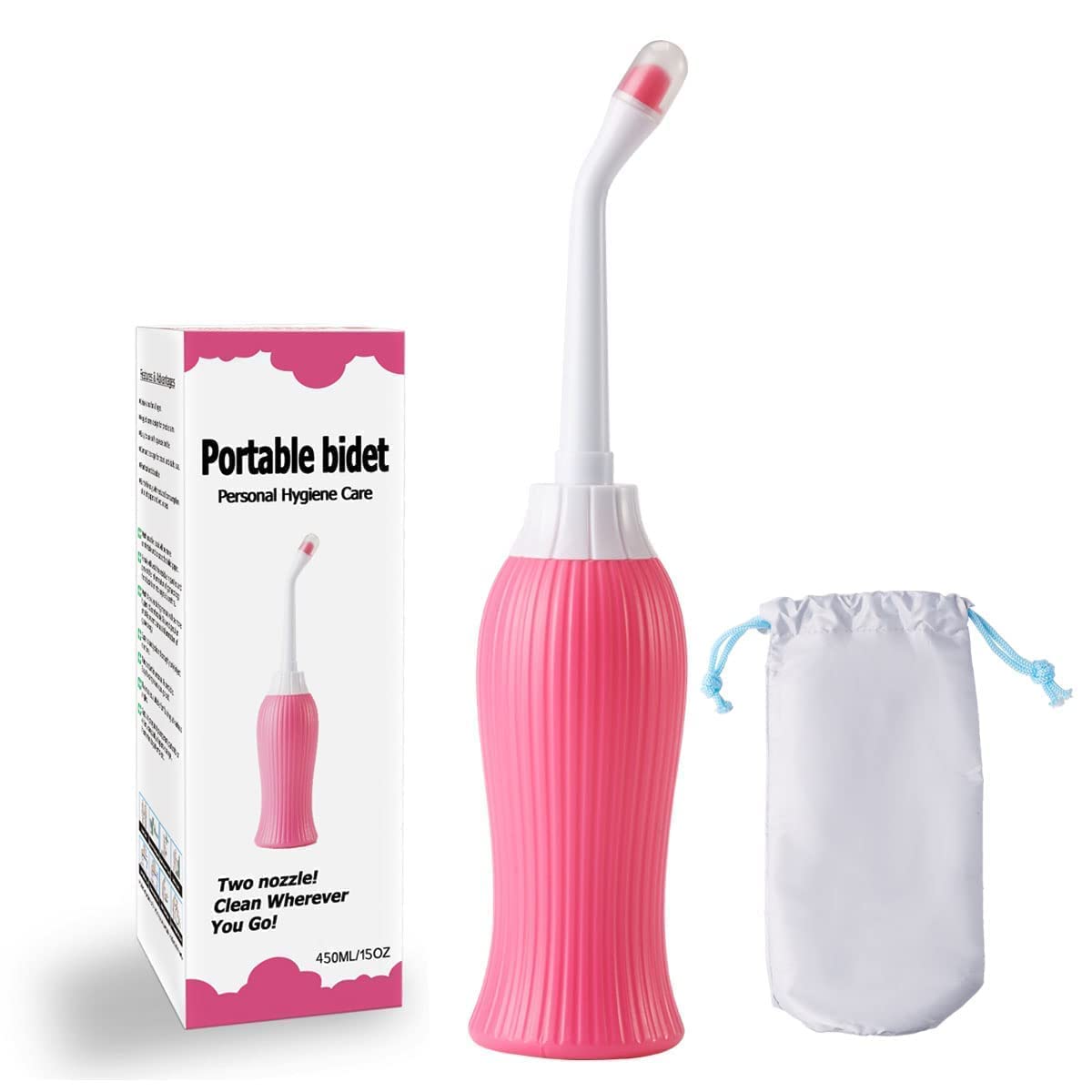 DOCAT Handheld Portable Bidet Spray Bottle for Toilet Retractable Bidet Angled Nozzle Jet Spray for Personal Hygiene Care with 2 Nozzles and Travel Pouch Bag (Pink, 450ML)