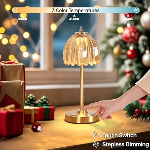 Image of Shenmoyl Set of 2 Tulip Table Lamp with 5000mAh Battery & Touch Control, Cordless Table Lamp with 3 Colors, Dimmable Rechargeable Table Lamps for Bedroom, Living Room, Entryways (Amber Tulip)