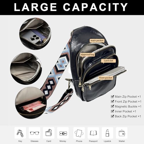 Image of FAYBA Small Sling Bag for Women Crossbody Fanny Pack, PU Leather Wide Guitar Strap Chest Sling Backpack Purse Black