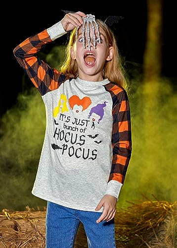 Image of BesserBay Girls Halloween Funny Plaid Graphic Shirt Long Sleeve Spooky Patchwork Raglan Top 5-14 Years