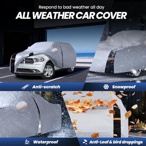 Image of Multi-Layer Car Cover Custom Fit for Dodge Durango(1998-2026), 100% Waterproof All Weather for Automobiles, Gift with Towel, Heavy Duty Car Covers for Rain Sun UV Protection with Door Zipper