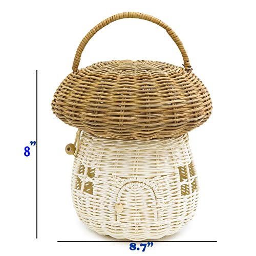 Kolwoven Mushroom Rattan Storage Basket With Lid - Mouse In A Box House- Small Doll House- Decorative Hand Woven Shelf Organizer Cute Handmade Handcrafted Gift Decoration Artwork Wicker (Natural) #TOP1