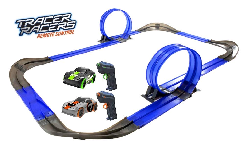 Tracer Racers Remote Control Cordless Glow in The Dark High-Speed Super Loop Speedway Track Set with Two Cars for Dual Racing, Glow Blue