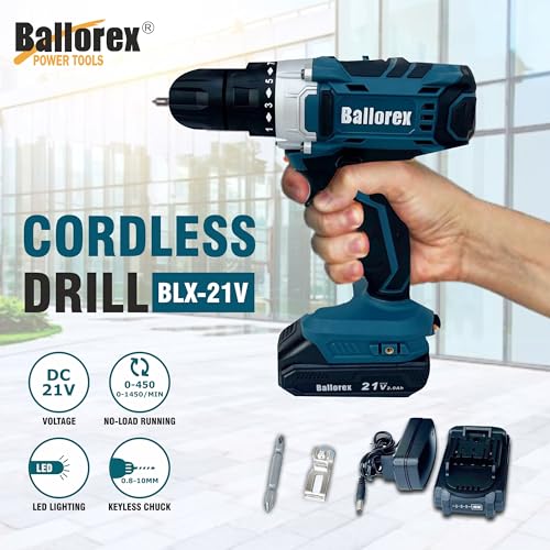 Image of (KS-21VD) Cordless Drill Machine /Driver with 2 Batteries Reversible Switch Multi-Torque Clutch, Keyless Chuck - Wood, Metal & Concrete, 5C 2Ah