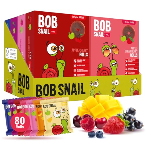 Bob Snail Fruit Roll Ups Healthy Sweets Snacks Real Dried Fruits No Added Sugar Vegan Nut Free Candy for Adults Kids with Berry Mix Mango Pear Cherry Bulk 80 pcs Rolls 800g