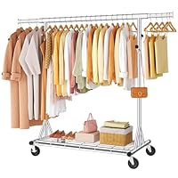 FAVOOSTY Clothes Rail Heavy Duty, Extendable & Adjustable Clothing Hanging Rails, Clothing Rack Coat Rail with Lockable Wheels & Shelves for Bedroom Living Room, Silver