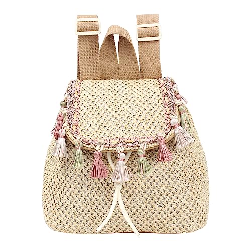 Goclothod Mochila feminina de palha moderna com cordão, bolsa de ombro boêmia para praia, Borla requintada - branca, One Size, Mochilas Daypack