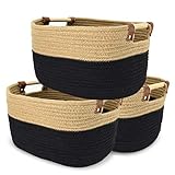 Cotton Rope Woven Storage Baskets Bin Set of 3, Collapsible Cotton Rope Storage Baskets with Handles, Decorative Woven Basket, for Decoration and Organizing Baby Diapers Toy Blanket Clothes(Black)