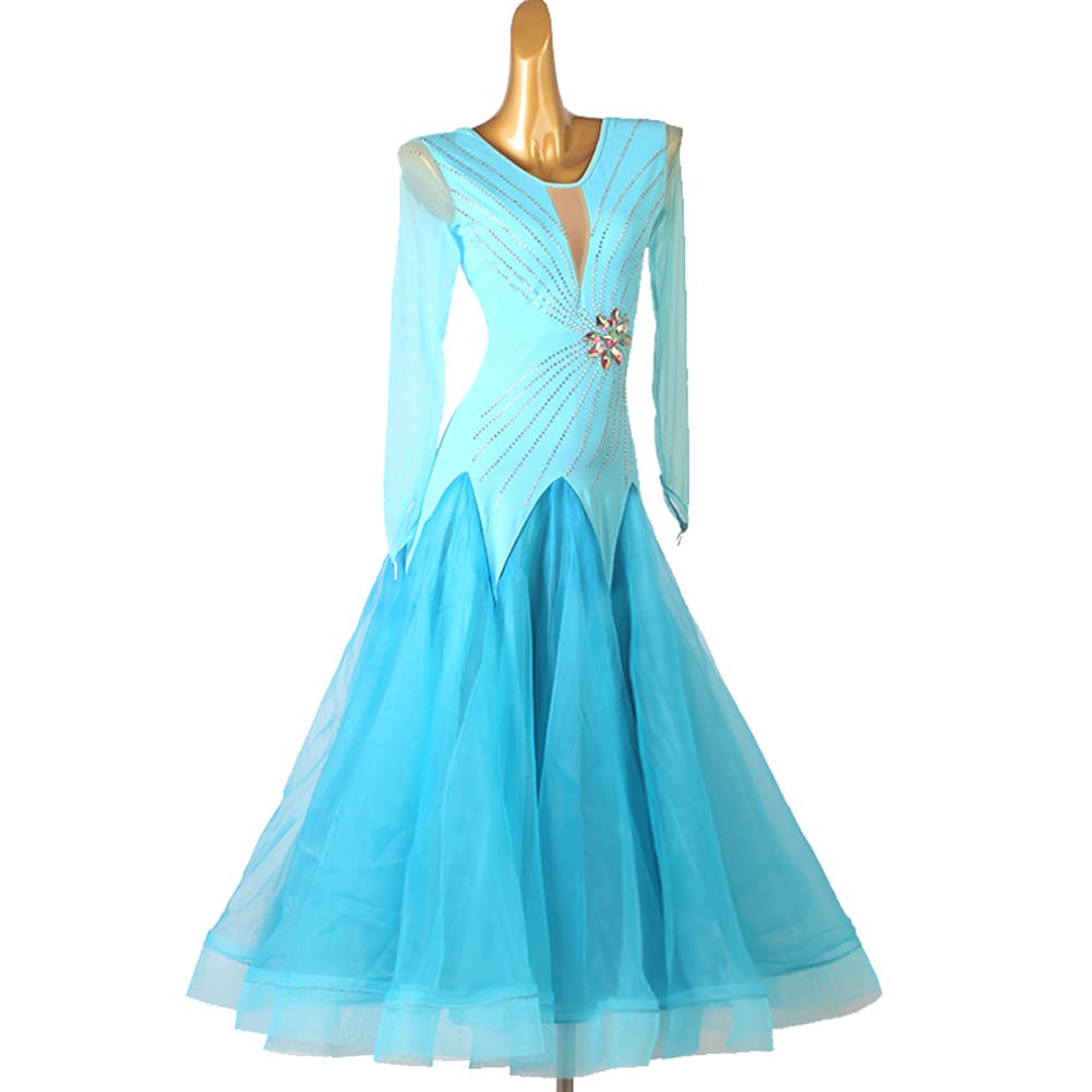 Women's Rhinestones Ballroom Dance Dress Waltz Cha Cha Lyrical Dance Competition Dress Performance Clothing Lake Blue