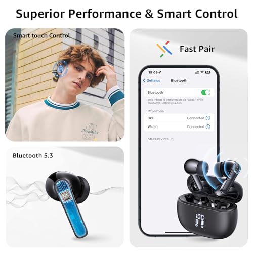 Image of H60 Bluetooth 5.3 Wireless In-Ear Headphones with 6 ENC Microphones, HiFi Stereo Deep Bass, Noise Reduction, 50 Hours Playtime, IPX8 Waterproof, Black