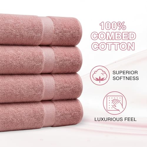 Image of Sulfar 100% Combed Cotton, Quick Drying Highly Absorbent Thick Bathroom Towels, Luxury Bath Towel Set (Pack of 4, 70 X 140 cm) - 600 GSM (Basic Pink)
