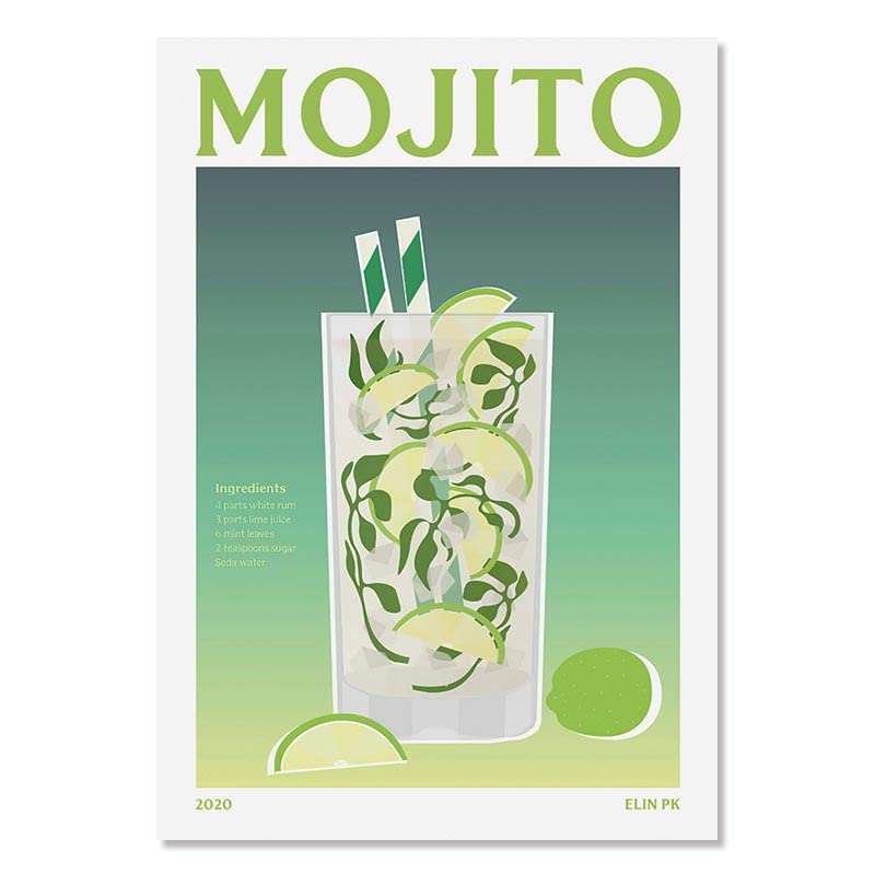 YONGKUIQMK Cartoon Fruit Juice Mojito Aperol Spritz Posters and Print Sangria Drink Negroni Canvas Painting Club Bar Shop Home Decoration(B,30x40cm No Frame)
