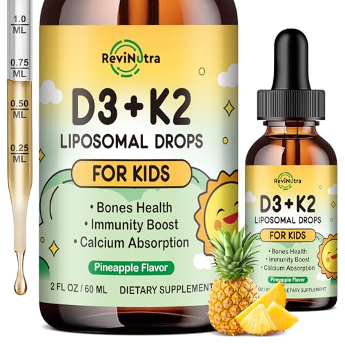 ReviNutra Vitamin D3 K2 Drops for Kids, Liposomal Liquid K2 D3 Vitamin Supplement with Calcium Magnesium Zinc, Vitamin B12, C, E for Kids & Adults Strong Bones Teeth & Heart, Pineapple Flavor 2 Fl Oz