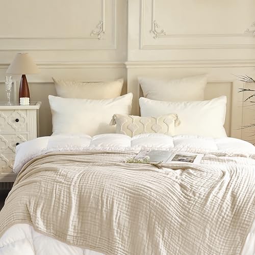 Image of SANACYNA Queen Size Muslin Blankets for Adults 100% Cotton 6-Layer Gauze Light Tan Cooling Throw Blanket Lightweight Soft Breathable Blanket for Sofa Coverlet Both Sides (Light Tan, Queen 90 inch X 90 inch)