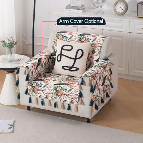 Image of HOKIPO Printed Holland Velvet Sofa Cover with Tassels for 1 Seater Sofa | Full Protection for Sofa Seat and Back | 'Whispers of Nature' (160x60 cm), Multicolor Tropical Peacock (IN-1125-D1)