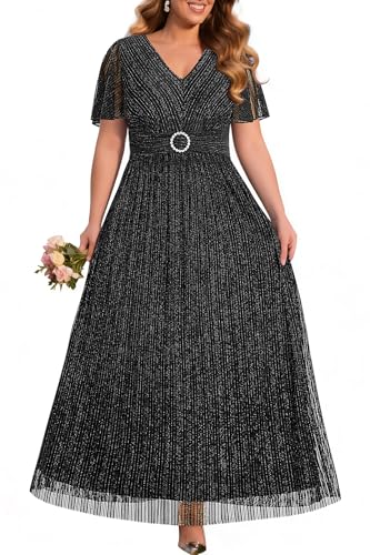 Image of Pinup Fashion Plus Size Formal Evening Glitter Prom Wedding Guest Dress | Silver thread straight knit, v-neck, empire waist, back zipper, a-line, maxi long, perfect for evening party, wedding guest