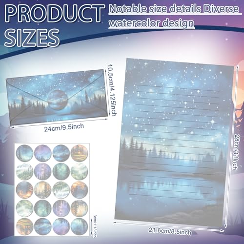 Image of TaoBary 160 Pcs Stationery Paper Kit 50 Double Sided Stationery Papers with 50 Matching Envelopes and 60 Round Dot Sticker, 10 Design(whimsical Watercolor Illustration Starry Night, 8.5 x 11 Inch)