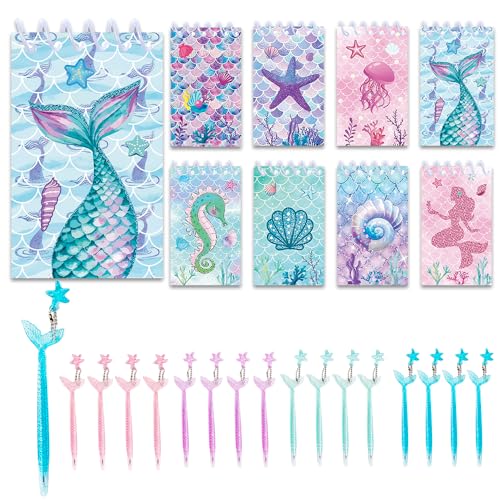 AXVRAV 32 miniblocs de notas con diseño de sirena, miniblocs de notas con diseño de sirenas, minicuadernos con animales marinos, plumas de sirena, para aulas, recompensas, accesorios para fiestas de