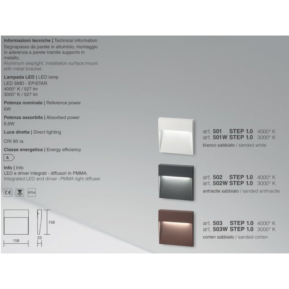MAZZOLA LUCE Segnapasso da parete led per esterno giardino 6w 4000k grigio scuro antracite quadrato senza incasso 220V Garanzia 5 Anni