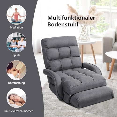 FANTASK verstellbare Sofa, Klappsofa Lazy, Verstellbare Rückenlehne 90° bis 180°, Liegebett mit Armlehnen und Kissen für Zuhause, Grau