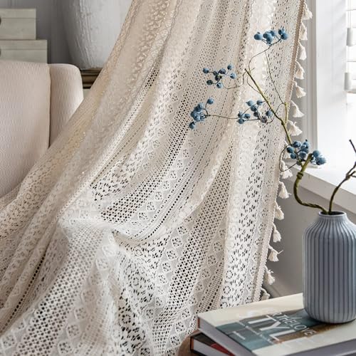JOOJA 2 Panels Boho Curtains for Bedroom Windows Sheer Curtains Crochet Vintage Cotton Curtains Panels with Tassel for Bedroom (Crochet Beige, 59x63)