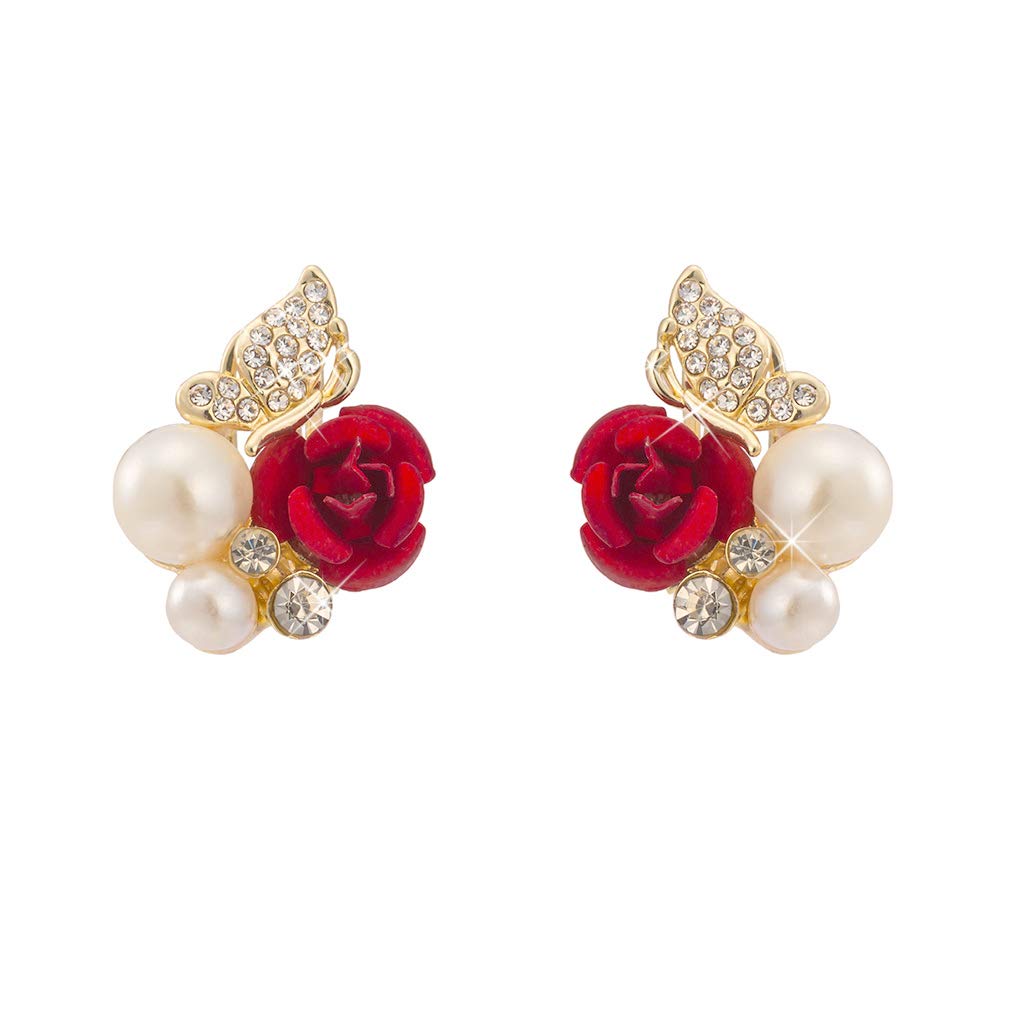 Zhang Trading14K Gold Plated Red Rose Flower Pearl Clip-on Stud Earring