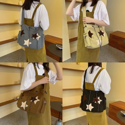 Cute Star Pattern Messenger Bag, Vintage Canvas Drawstring Shoulder Bag, Large Capacity Lightweight Tote Bags for Women2