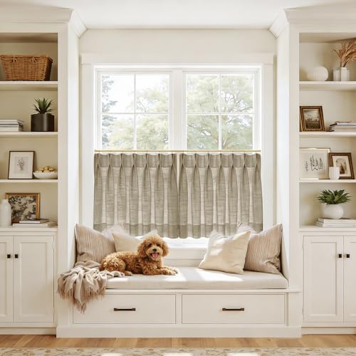 Image of TWOPAGES 52 inch inch W x 30 inch inch L Linen Blend Cafe Curtains for Kitchen Window, Light Filtering Pinch Pleated Tier Curtains, Modern Farmhouse Half Window Curtains for Bathroom, Taupe Grey, 2 Panels