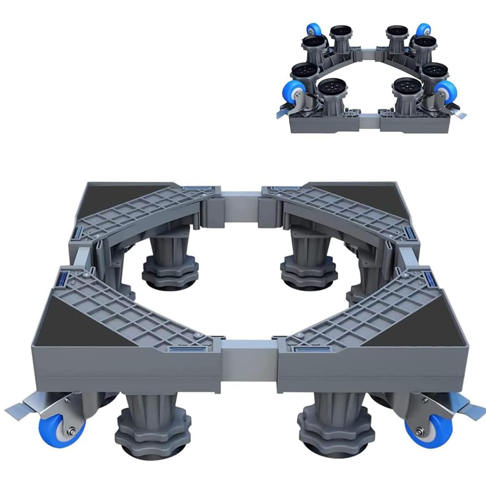 HOXHAWashing Machine Base Stand with 4 Locking Wheels & 8 Strong Feet, Mini Fridge Stand Adjustable Flat Dolly Cart Mobile Base for 16"-24" Washer, Dryer, Refrigerator, Furniture and Appliance