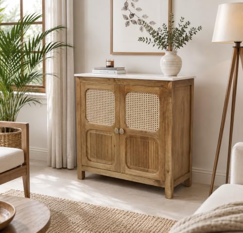 Image of The Attic Crestwood Solid Wood Two Door Sideboard Cabinet with Cane Doors | Storage & Display Cabinet for Living Room & Dining Room | Handcrafted Mango Wood, Light Teak Finish