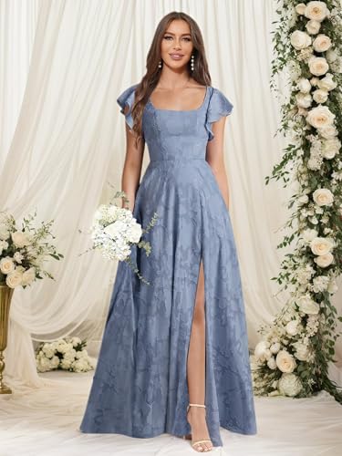 Floral Bridesmaid Dresses Long Square Neck Short Sleeve Formal Evening Gowns with Slit2