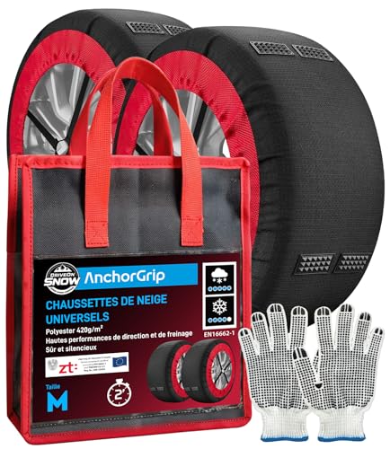 Chaussettes de Neige Textile Homologuées EN 16662-1 Taille M Chaussette Pneu Voiture - DriveonSnow AnchorGrip avec Crampons Antidérapage Montage Rapide 2 Minutes Haute Sécurité + Gants