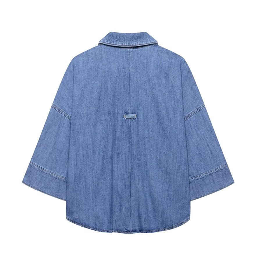 Pohullan Women Wide Sleeve Denim Shirt High Waist Pleated Wide Leg Jeans Loose Denim Suit Summer Travelling Suit4