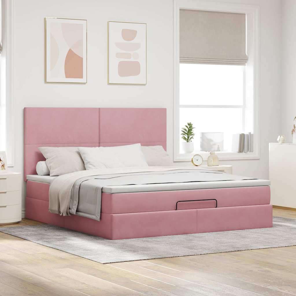 Cama otomana rosa de terciopelo 180 x 200 cm, con colchón de muelles ensacados LED y gran espacio de almacenamiento para jóvenes y habitaciones de invitados