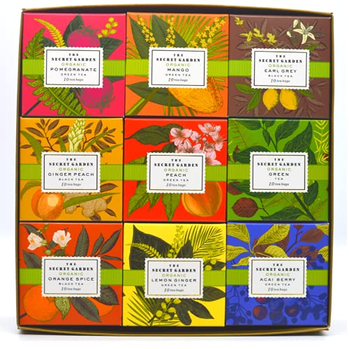 The Secret Garden Organic Tea Collection Green & Black Tea Sampler Pack - 9 Flavors - 90 Count