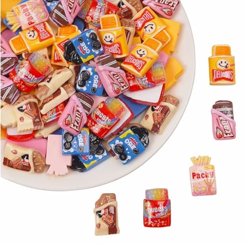 デコパーツ ミックス かわいい 50個 強力両面シール50枚付 透明ケース入り (カラフルお菓子 パッケージモチーフ) ミニチュア ミニサイズ デコレーションパーツ アクセサリーパーツ ND-0437-R09-H（Amazon）
